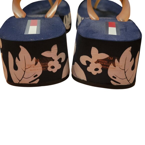 Tommy Hilfiger Platform Flip Flops 7M Navy White Floral Chunky 90s Y2K Sandals - Picture 3 of 11